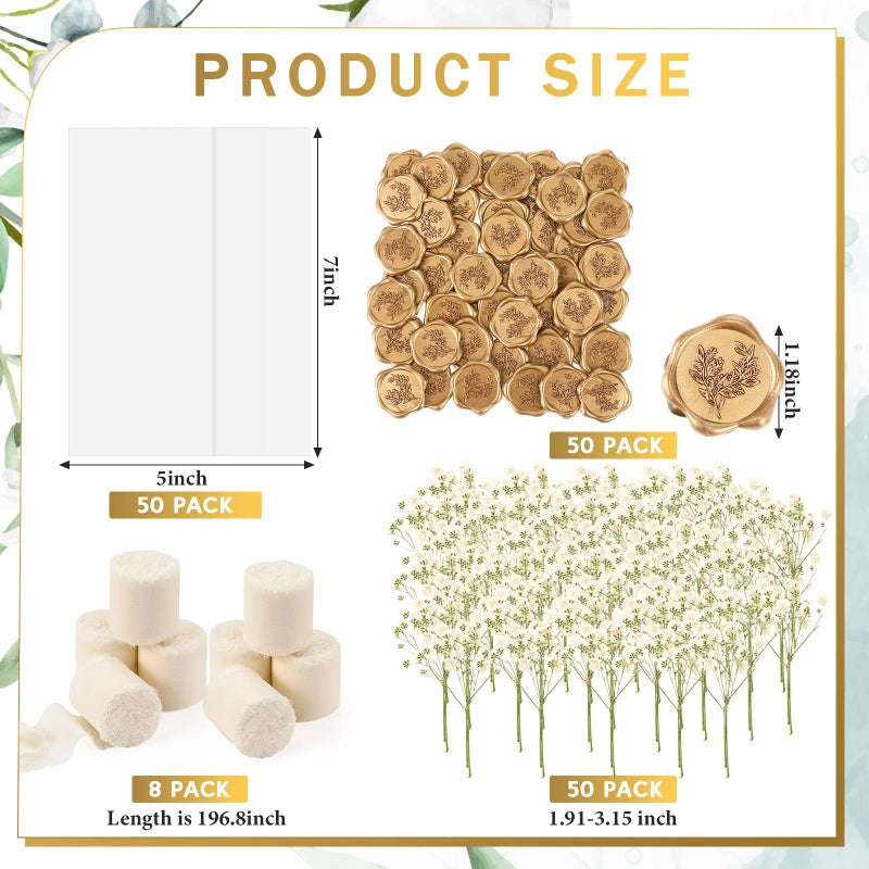 Fuyoooo 50 Sets Wedding Invitations Wraps Set Pre Folded Vellum Jackets for 5 x 7 Invitations Self Adhesive Gold Wax Seal Stickers Dried Baby's Breath Flowers Chiffon Silk Ribbon for Craft DIY - Image 2